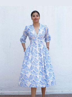 Chidiyaa - Neyra Ivory Blue Hand Block Printed Dress