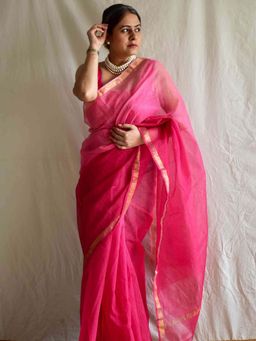 Sundarii - Women's Pink Gulaabi Shaam Kota Doria Saree without Blouse