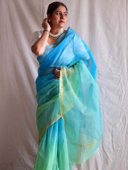 Sundarii - Women's Blue Komal Leher Kota Doria Saree without Blouse