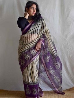 Sundarii - Women's Purple Virasat Dabu Kota Doria Saree without Blouse
