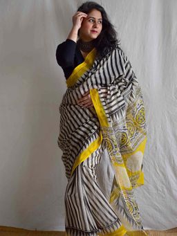 Sundarii - Women's Yellow Basant Dabu Kota Doria Saree without Blouse