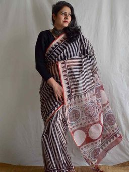 Sundarii - Women's Black Gulnaar Dabu Kota Doria Saree without Blouse