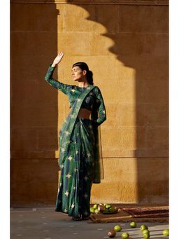 Amrood - Evergreen Satin Hand Block Print Drape Saree With Stitched Blouse