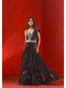 ISHA GUPTA TAYAL - Black Embroidered Pre-draped Saree with Stitched Blouse & Belt
