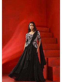 ISHA GUPTA TAYAL - Black Georgette Zardozi Pre-draped Saree with Stitched Blouse