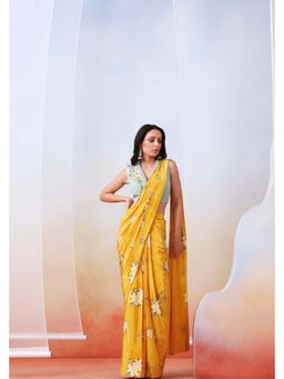 ISHA GUPTA TAYAL - Yellow Crepe Embroidered Pre-draped Saree with Stitched Blouse