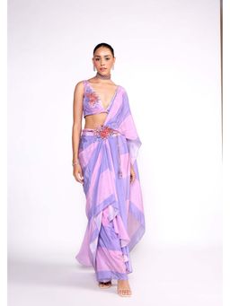 ISHA GUPTA TAYAL - Purple Chiffon Embellished Saree with Stitched Blouse & Belt