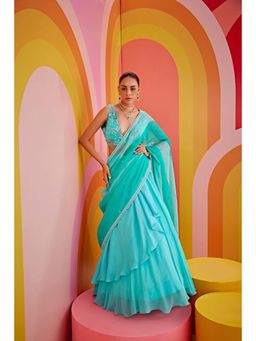 ISHA GUPTA TAYAL - Aqua Embroidered Pre-draped Saree with Stitched Blouse & Skirt