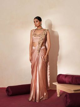 ISHA GUPTA TAYAL - Beige Chiffon Embroidered Pre-draped Saree with Stitched Blouse