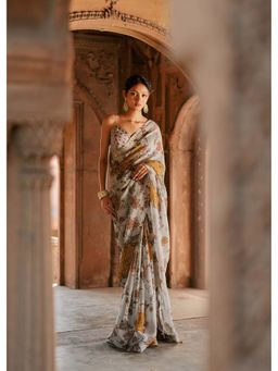 ISHA GUPTA TAYAL - Grey Embellished Saree with Stitched Blouse & Petticoat