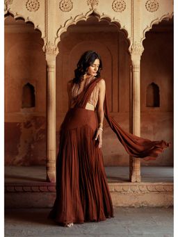 ISHA GUPTA TAYAL - Brown Embroidered Pre-draped Saree with Stitched Blouse