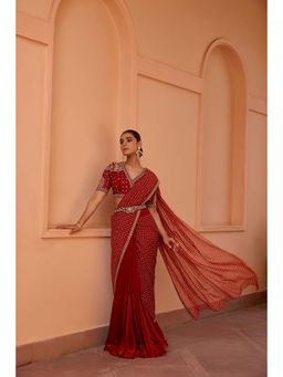 ISHA GUPTA TAYAL - Red Embroidered Pre-draped Saree with Stitched Blouse and Belt