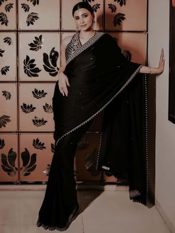 ISHA GUPTA TAYAL - Black Satin Embroidered Embellished Saree with Stitched Blouse