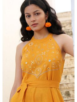 Okhai - Star Lily' Pure Cotton Hand Embroidered Mirror Work Dress