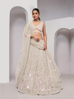 Odette - Off White Net Embellished Semi Stitched Lehenga with Unstitched Blouse and Dupatta (Set of 3)