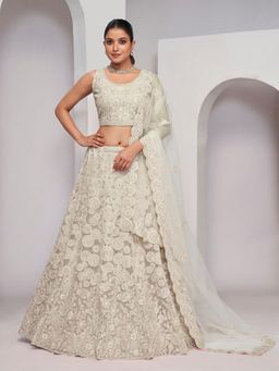 Odette - Off White Net Embellished Semi Stitched Lehenga with Unstitched Blouse and Dupatta (Set of 3)