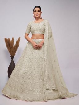 Odette - Off White Net Embellished Semi Stitched Lehenga with Unstitched Blouse and Dupatta (Set of 3)