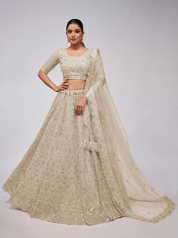 Odette - Off White Net Embellished Semi Stitched Lehenga with Unstitched Blouse and Dupatta (Set of 3)