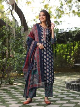 Rain & Rainbow - Navy Blue Ethenic Cotton Embroidery Straight Kurta, Pant & Dupatta (Set of 3)