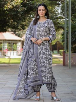 Rain & Rainbow - Women Grey Floral Straight Kurta with Afgani Salwar & Dupatta (Set of 3)
