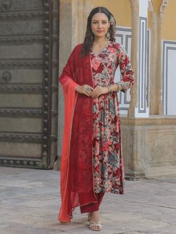 Rain & Rainbow - Women Maroon Floral A-Line Kurta with Solid Pant & Dyed Dupatta (Set of 3)