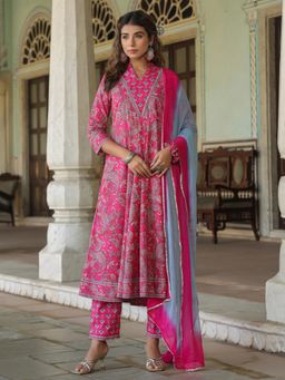 Rain & Rainbow - Women Fuchsia Paisley Pure Cotton Kurta with Pant & Dyed Dupatta (Set of 3)