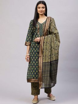 Biba - Blue Cotton Unstitched Suit Set (Set of 3)