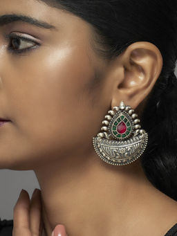 Divas Mantra - Water Craft Statement Earrings with Red, Green and White Kundan Stones