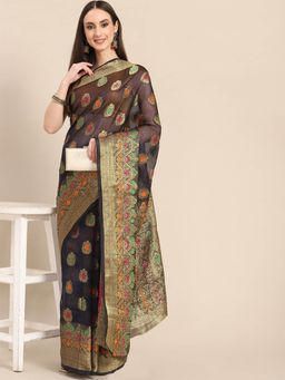 Odette - Black Woven Organza Saree with Unstitched Blouse