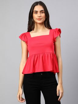 Xpose - Women Pink Flutter Sleeve Ruffles Peplum Top