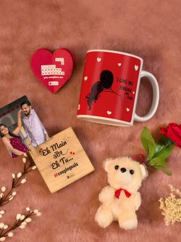 Indigifts - Coffee Mug- Wooden Photo Stand- Artificial Rose- Gifting Card- Teddy