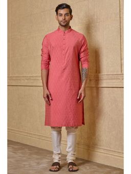 TASVA - Pink Textured Mandarin Neck Woven Kurta with Churidar
