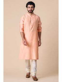 TASVA - Peach Textured Mandarin Neck Woven Kurta with Churidar