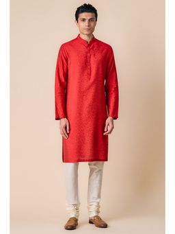 TASVA - Red Textured Mandarin Neck Woven Kurta with Churidar
