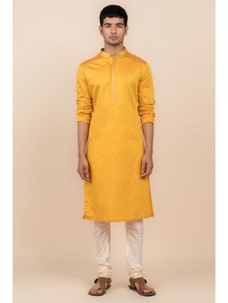 TASVA - Yellow Textured Mandarin Neck Printed Kurta with Churidar