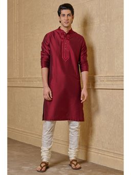 TASVA - Wine Embroidered Mandarin Neck Thread Work Kurta with Churidar
