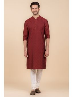 TASVA - Maroon Embroidered Mandarin Neck Thread Work Kurta with Churidar