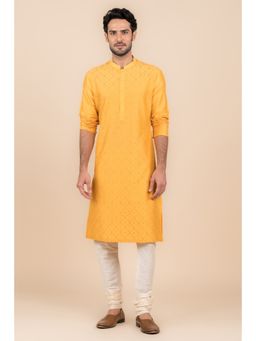 TASVA - Yellow Embroidered Mandarin Neck Thread Work Kurta with Churidar