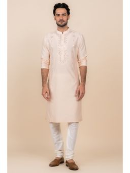 TASVA - Beige Embroidered Mandarin Neck Mirror Work Kurta with Churidar