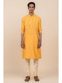 TASVA - Yellow Embroidered Mandarin Neck Mirror Work Kurta with Churidar