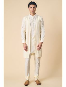 TASVA - Ivory Textured Mandarin Neck Woven Kurta with Attached Jacket and Churidar