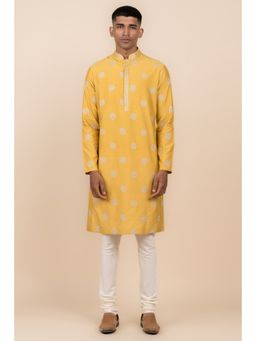 TASVA - Yellow Embroidered Mandarin Neck Embroidered Kurta with Churidar