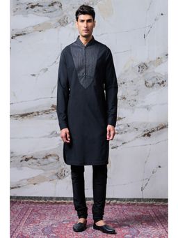 TASVA - Black Textured Mandarin Neck Woven Kurta with Churidar