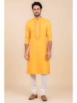 TASVA - Yellow Embroidered Mandarin Neck Embroidered Kurta with Churidar