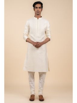 TASVA - Cream Embroidered Mandarin Neck Thread Work Kurta with Churidar