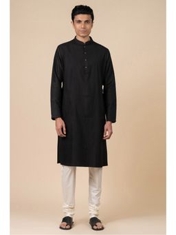 TASVA - Black Textured Mandarin Neck Woven Kurta with Churidar
