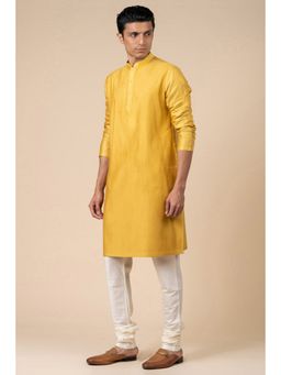 TASVA - Yellow Textured Mandarin Neck Woven Kurta with Churidar