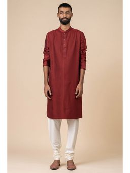 TASVA - Maroon Textured Mandarin Neck Woven Kurta with Churidar