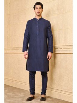 TASVA - Navy Blue Textured Mandarin Neck Woven Kurta with Churidar