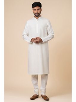 TASVA - White Textured Mandarin Neck Woven Kurta with Churidar
